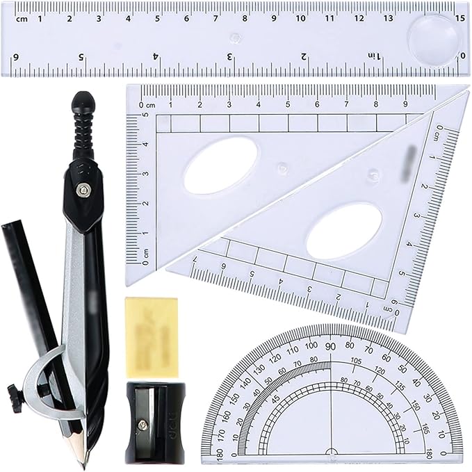 Drawing Compass Drafting Tools Pack of 7 Protractor and Compass Set Compass for Geometric Math Compass School and Storage Box Black Stationery School Supplies Math Ruler Kit
