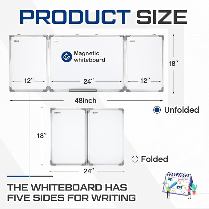 AmazingSpark 48” x 18” Foldable Whiteboard Dry Erase Board Large Tri Folding Whiteboard Magnetic Dry Erase Board, Wall Aluminium Frame and Flip Out Pen Tray for Office, Home