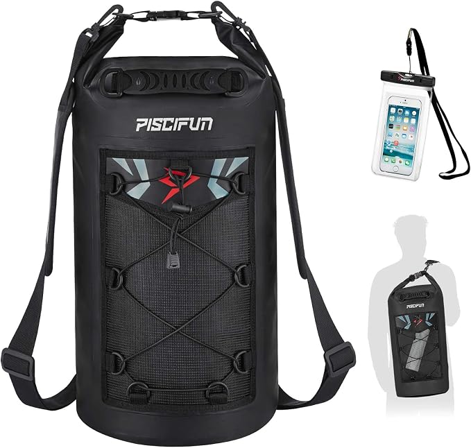Piscifun Dry Bag, Waterproof Floating Backpack 10L/20L/30L/40L | Waterproof Phone Case, Adjustable shoulder straps, Roll-top closure keeps gear dry, Ideal for Boating, Kayaking, Fishing