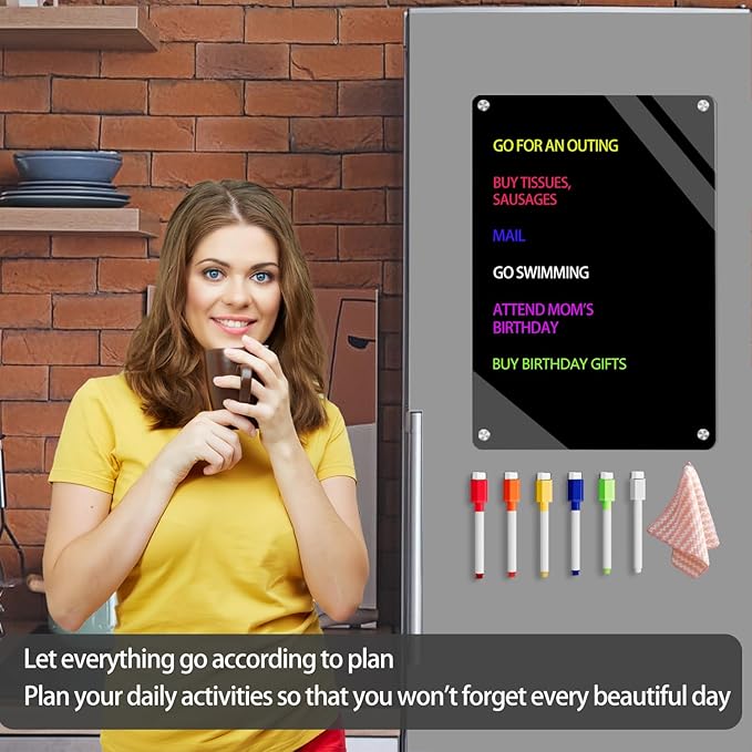 9"X13" Black Acrylic Magnetic Dry Erase Board for Refrigerator,Magnetic Dry Erase Board for Fridge,Acrylic Board for Fridge Includes 6 Colors Markers