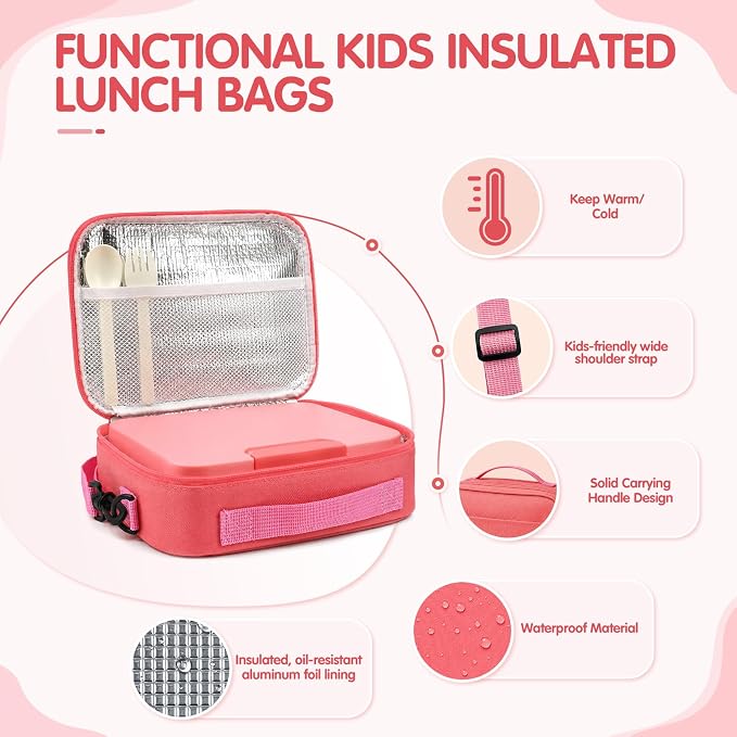 HOMETALL Lunch Box Bento Box for Kids with Food Thermo 8.5oz - Leakproof Lunch Box Kids with Lunch Bag Set for Girls Ages 3 to 14 Back to School,Reusable Snack Containers On-the-Go Meal Prep,Pink
