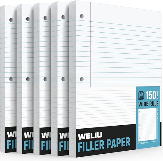 Loose Leaf Notebook Paper 750 Sheets 5 Packs Bulk for 3 Ring Binder, 8x10.5 Filler Paper Wide Ruled 3-Hole Punched Lined Paper for Writing Office Business School College Home (150 Sheets/Pack)