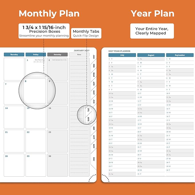 Weekly Monthly 2026-2027 Planner (July 26-Dec 27),11.5"x8.5",18 Months Agenda Plan with Month Tabs & Pocket,Expenses/Note Pages, Academic Calendar with Vegan Leather Cover,Orange
