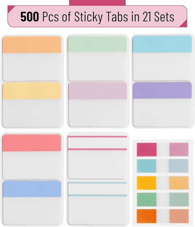 Mr. Pen- Sticky Index Tabs, 500 Pcs, 21 Sets, Pastel, Writable Colored Pages Markers Labels for Reading Notes, Books, Binders, Notebook, Folders and Classify Files, Water-Resistant