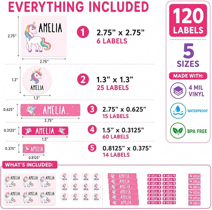 Andaz Press Custom Personalized Waterproof School Name Labels, Unicorn, 120-Pack, Kids Labels Combo Pack, Customizable Multi-Use Name Stickers Personalized Name Stickers Back to School Supplies