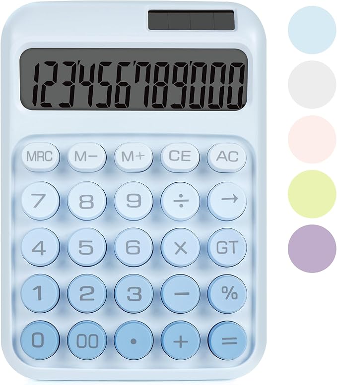 Mechanical Switch Calculator with Big Buttons, Calculators Desktop, 12 Digits, Solar Battery Power, Desk Calculator, Large LCD Display, Cute Blue Calculators for Teachers Students Basic Office