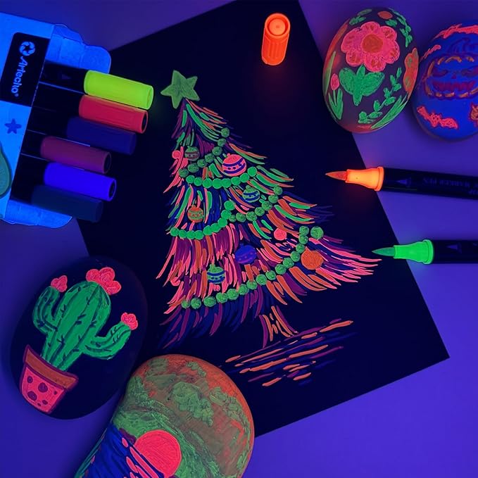 Artecho Acrylic Paint Markers 8 Fluorescent Colors, for Stone, Rock Painting, Paper, Pumpkin, Wood, Egg, Canvas, Ceramic, Fabric, leather, Glass, DIY Crafts