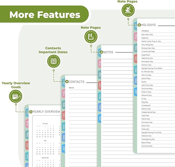 Vinspire 2026 Planner - Yearly, Monthly, and Weekly Planner 2026-2027 for Teachers & Students - Spiral US Academic Year Student Calendar Planners with Notes Pages 2026 Planner Weekly and Monthly - Large (Green, 8.5"×11")