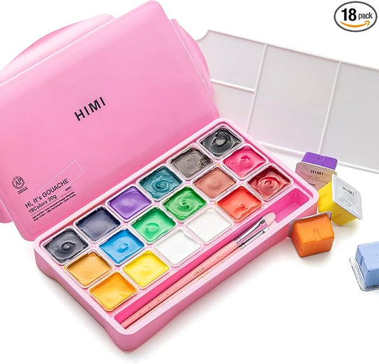 HIMI Gouache Paints Set, 18 Colors, 30g, jelly gouache paint set, Non Toxic Paint for Canvas and Paper, Art Supplies for Professionals, and More (Pink Case)