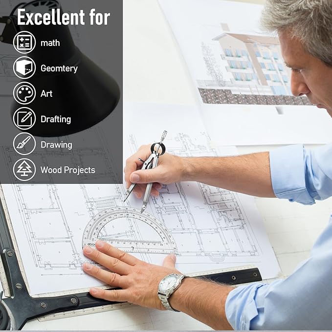 EBOOT Student Geometry Math Set, Metal Drawing Compass and 6 Inch Clear Swing Arm Protractors 180 Degree Math Protractor(Silver)