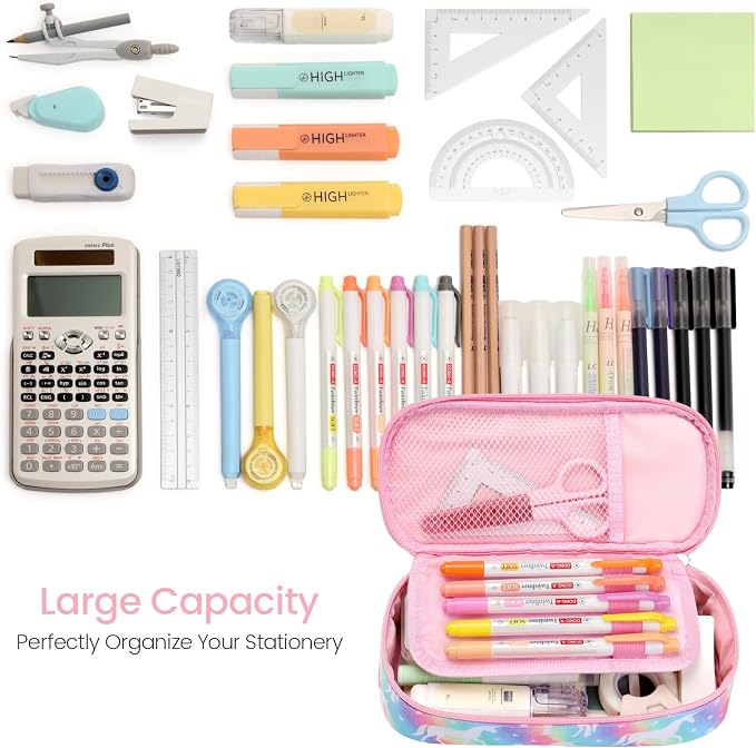 Cambond Pencil Case for Girls - Cute Pencil Cases for Kids Teen Girls Big Capacity Pencil Box Special Pencil Pouch for School with Personalized Letter Cards and Slot, Rainbow Unicorn