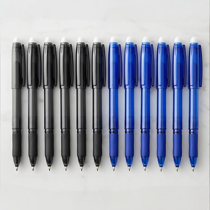 Volcanics 12 Pack Erasable Gel Pens, 0.7mm Capped Friction Pens for Note Taking and Crosswords, 6 Soft Black and 6 Blue Ink Pens with Soft Comfort Grip for Home and Office