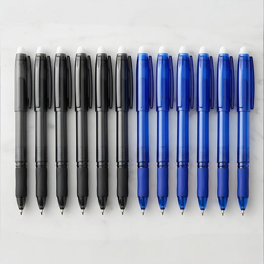 Volcanics 12 Pack Erasable Gel Pens, 0.7mm Capped Friction Pens for Note Taking and Crosswords, 6 Soft Black and 6 Blue Ink Pens with Soft Comfort Grip for Home and Office