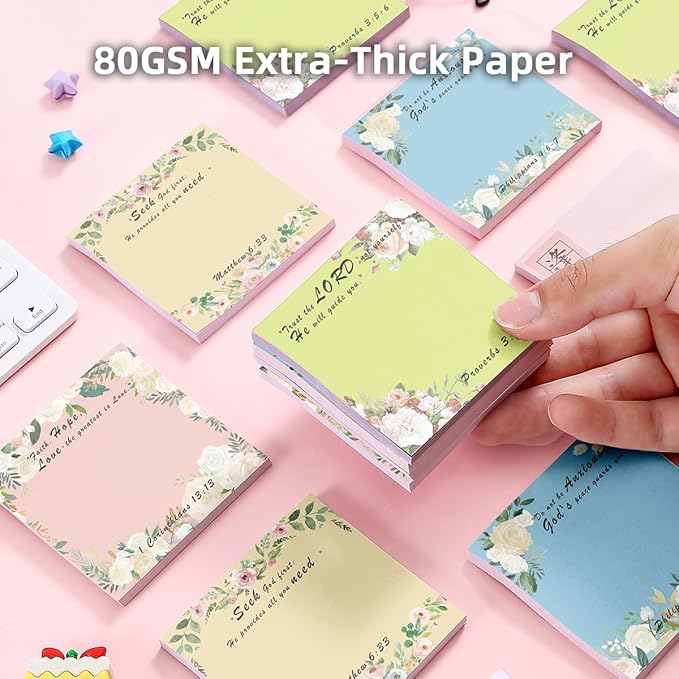 Floral Bible Verse 4-Pad/200 Sheets 3x3 Sticky Notes Set, Adorable Memo Pads with High-Adhesive, Reusable Tearable Post it Notes for Journal Planners Office School Home, Bulk Stationery Gift