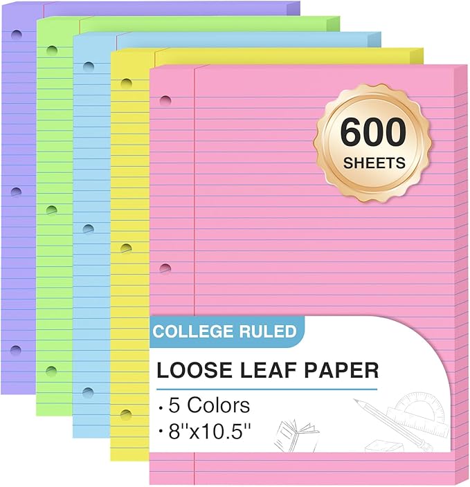 600 Sheets Loose Leaf Paper 8 x 10.5, 5 Colors Lined Paper College Ruled, 3 Ring Binder Paper 120 Sheets/Colors, 3 Hole Punched Notebook Paper 8 x 10.5, Colored Filler Paper for Office, School, Home