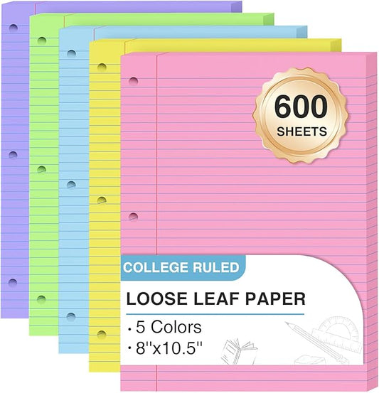 600 Sheets Loose Leaf Paper 8 x 10.5, 5 Colors Lined Paper College Ruled, 3 Ring Binder Paper 120 Sheets/Colors, 3 Hole Punched Notebook Paper 8 x 10.5, Colored Filler Paper for Office, School, Home
