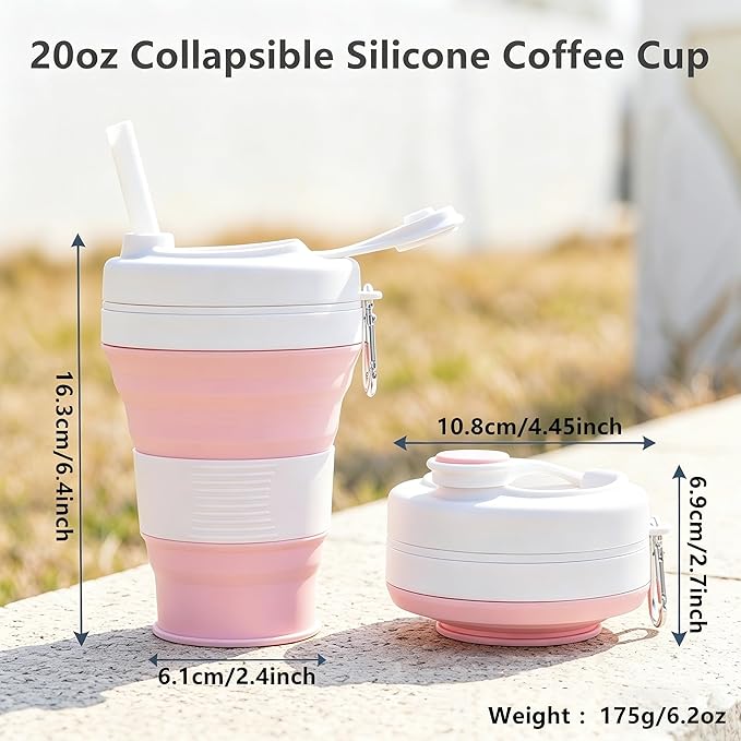 IYYI Collapsible Travel Cup, Silicone Coffee Cup with Lid, 20.3 oz Travel Coffee Mug with Straw, Folding Cup for Hiking Camping Office - Dishwasher Safe (Sakura Pink)