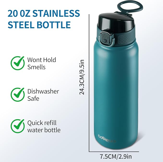 GOPPUS Insulated water bottle 20 oz Stainless Steel Water Bottle BPA-Free Sports Water Bottles, Great for Travel,Silicone Spout Lid- Leak & Sweat Proof with Anti-Dust(Blue green)