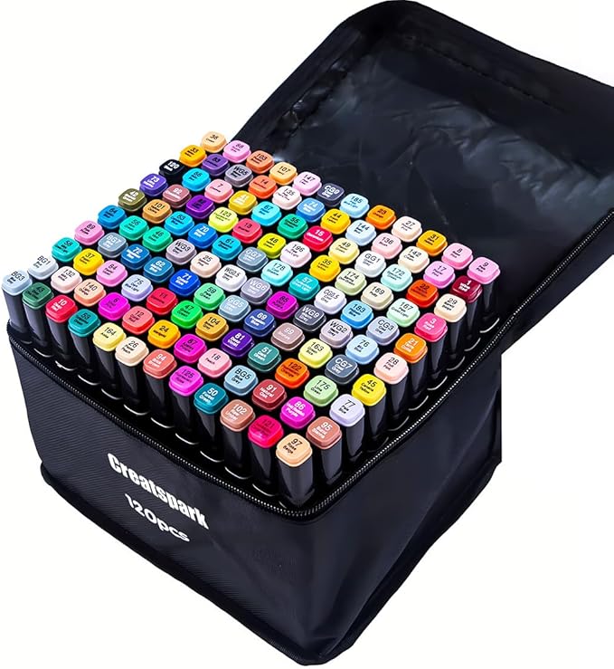 CREATSPARK Alcohol Markers 120 Colors with Base Dual Tip Art Drawing Markers for Anime Sketch Illustrations - Refillable
