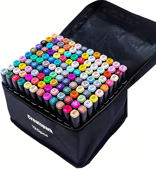 CREATSPARK Alcohol Markers 120 Colors with Base Dual Tip Art Drawing Markers for Anime Sketch Illustrations - Refillable