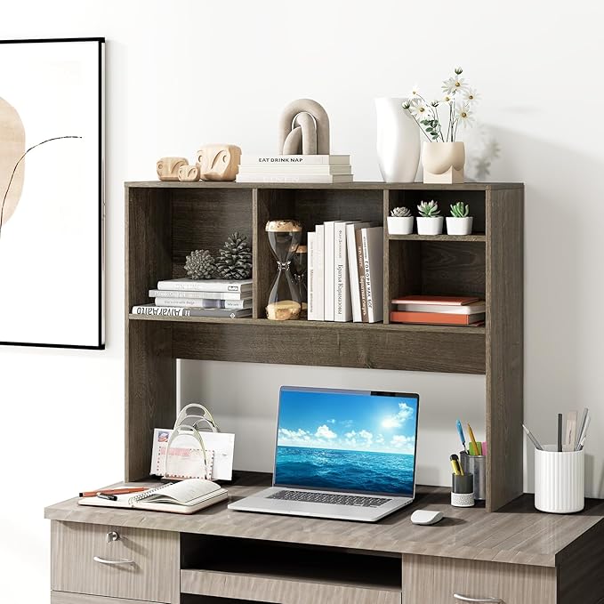Giantex Desktop Bookshelf, Countertop Storage Hutch with 4 Shelves for Computer Desk, Dressing Tabletop Display Rack, Multipurpose Desk Hutch Storage Organizer for Home Office Dorm (Grey Oak)