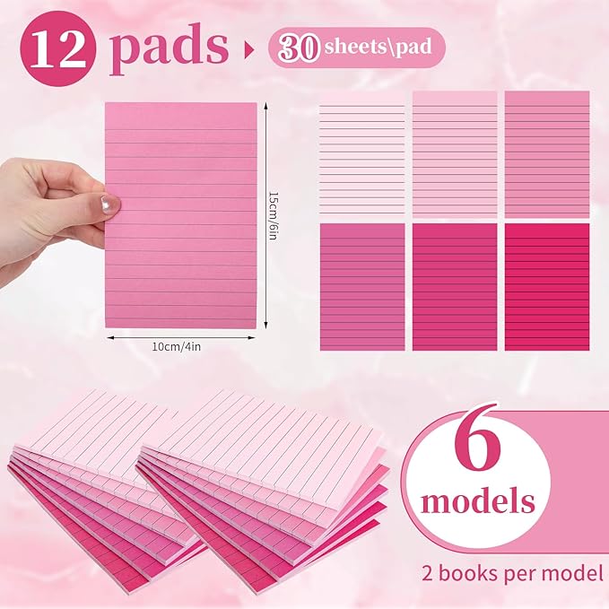 JarThenaAMCS 12Pcs Pink Lined Sticky Notes 6 Colors Gradient Pink Self-Adhesive Notepads Removable Memo Pad for Office School Home Supplies, 4 x 6 Inch