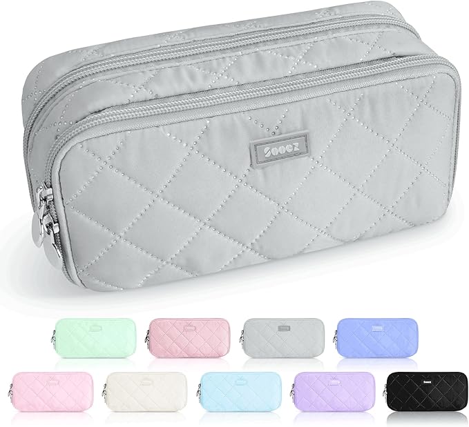 Sooez Large Pencil Case Pouch, Extra Big Pencil Bag with 8 Compartments, Pen Bag Wide Opening, Soft Quilted Pencil Pouch Organizer with Zipper, Portable Pencil Case for Teen Girls, Gray