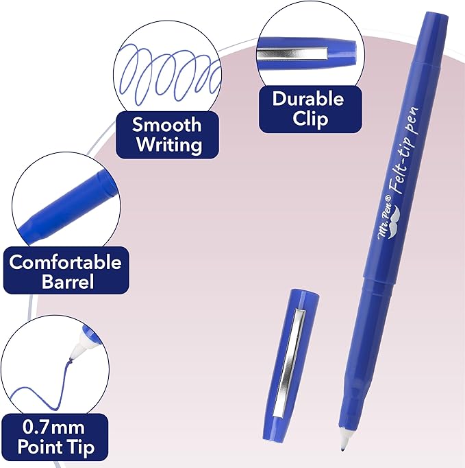 Mr. Pen- Felt Tip Pens, 36 Pack, 0.7 mm, Blue Felt Tip Pens Bulk, Fast Dry, No Smear, Planner Markers for Underlining, Writing, Drawing, Journaling Supplies