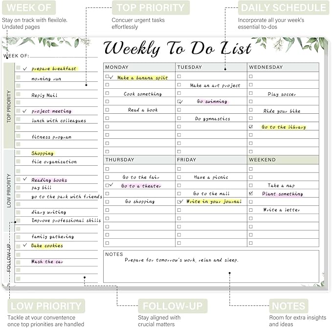 Weekly To Do List Notepad - 52 Undated Glue Bound Tear-Off Sheets (8.5"x11") for Desk Planning | Home, Work & School Organization Pad for Women & Men (Green)