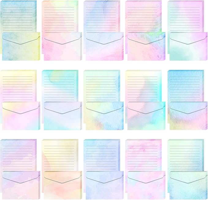 Geyee 200 Pieces Watercolor Stationary Paper and Envelopes Include 100 Lined Sheets and Envelopes, 5. 5 x 8. 25 Inch Double Sided Printing Letter Writing Paper with Mailers(Watercolor)