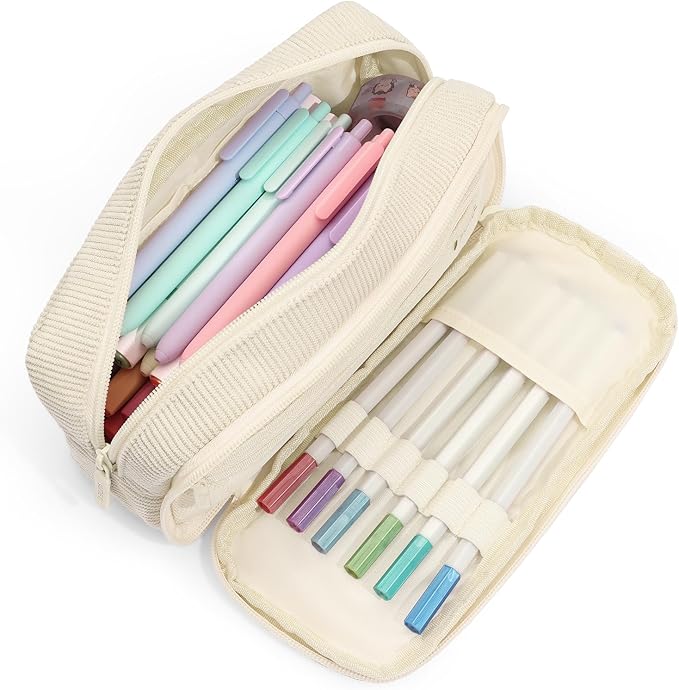 SUNEE Pencil Case, Large Capacity Pencil Pouch, Aesthetic Big Pen Bag, Soft Corduroy Fabric Pen Box for Office Stationery Organizer School Supplies Multifunctional for Teen Boys Girls Women Men, Cream
