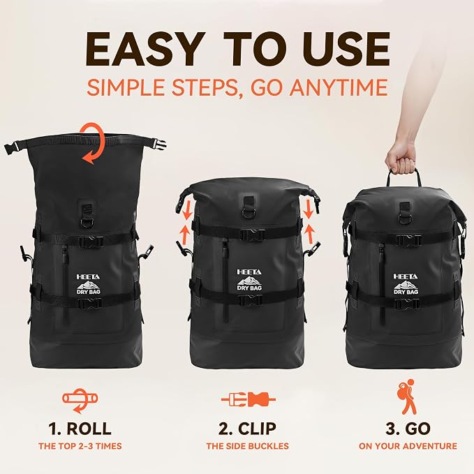 HEETA Dry Bags Waterproof Backpack 40L for Men & Women, Roll Top Heavy Duty | Cushioned Hiking Backpack, for Kayaking Boating Paddle Boarding Fishing Travel Camping Beach Vacation Cruise Ship Essentials