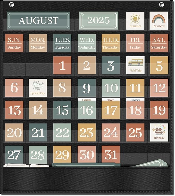 Boho Calendar Pocket Chart for Classroom Cards Add-On School Supplies Teacher Decorations Bulletin Board Pre-K To 6th Grade, Black-2
