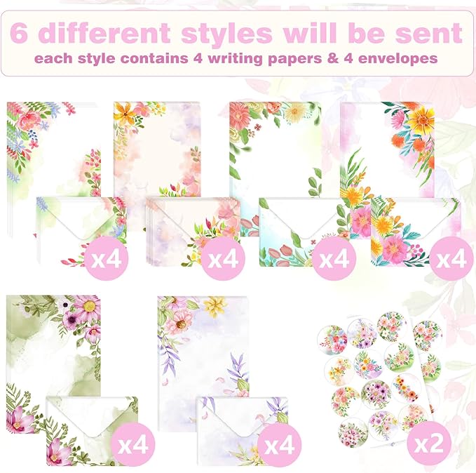 50 Pcs Stationery Paper Envelopes Set Includes 24 Writing Paper & 24 Envelopes with 24 Round Stickers, Cute Flower Floral Letter Writing and Stationery Paper Envelopes for Girls Invitations(6Style)