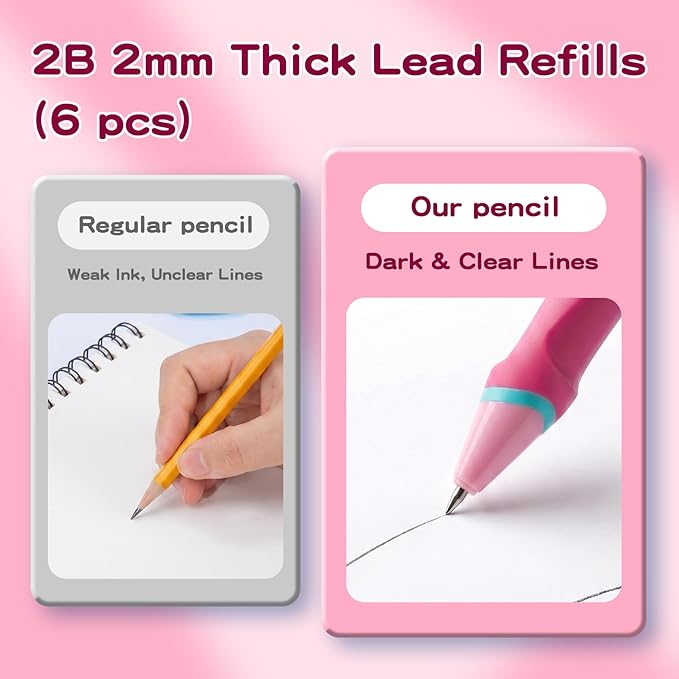 Ergonomic Pencil Set, 2.0mm HB Mechanical Pencils for Kids, School Supplies Include Sharpener, Eraser & 6 Extra Leads – Handwriting Aid for Preschool, Kindergarten, Homes, Pink, L