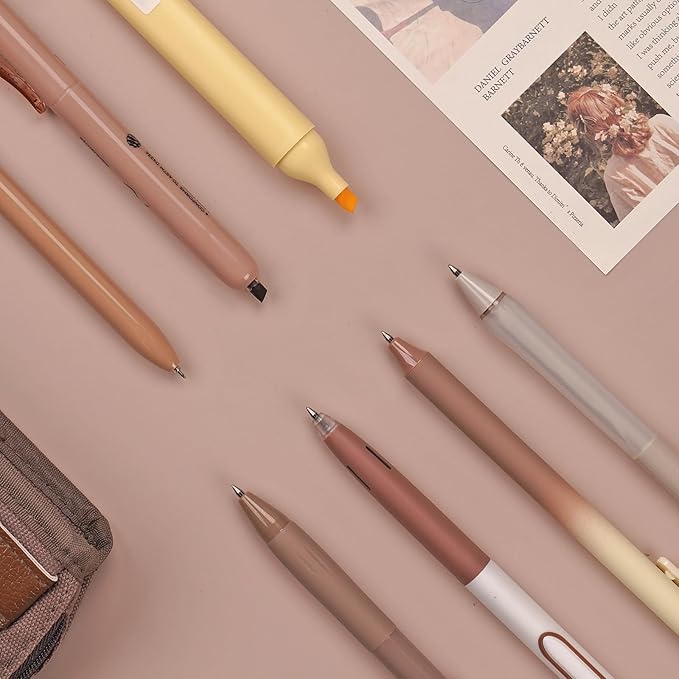 WRITECH Gel Pens Journaling Highlighters: Journal Set Aesthetic Assorted Earth Tones Color Ink 0.5mm Fine Point Retractable 0.7mm Black Pen Smooth Writing Drawing No Bleed 7ct (Brown)