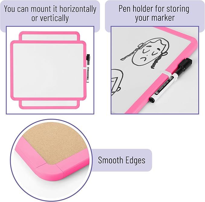 Mr. Pen- Dry Erase Board, 14” x 11” with a Black Dry Erase Marker, Light Coral Frame, Small Mini White Board for Students, Fridge, Wall, Locker, Includes Double Sided Tapes