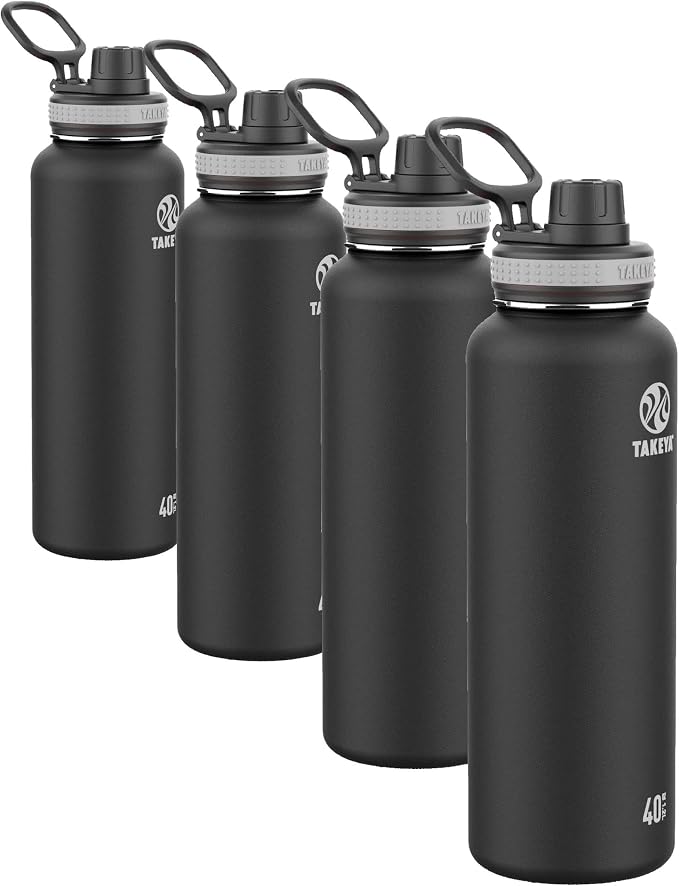 Takeya Originals 40oz Vacuum Insulated Stainless Steel Water Bottle-Leakproof & BPA-Free Spout Lid-Keeps Drinks Cold 24 Hrs/Hot 12 Hrs-Double-Wall Design- Ideal for Active Lifestyles,Black(Pack of 4)