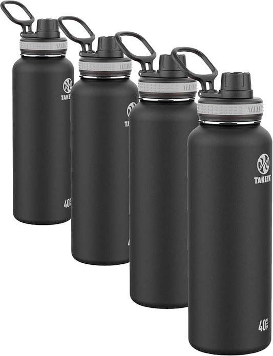 Takeya Originals 40oz Vacuum Insulated Stainless Steel Water Bottle-Leakproof & BPA-Free Spout Lid-Keeps Drinks Cold 24 Hrs/Hot 12 Hrs-Double-Wall Design- Ideal for Active Lifestyles,Black(Pack of 4)