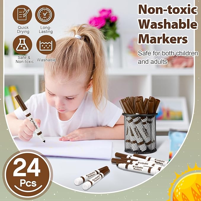 24 Pcs Washable Markers Bulk Broad Line Markers Coloring Conical Tip Large pens for Kids art projects, Teachers, Students, Toddlers, Party Favors, Classrooms, Donations(Brown)