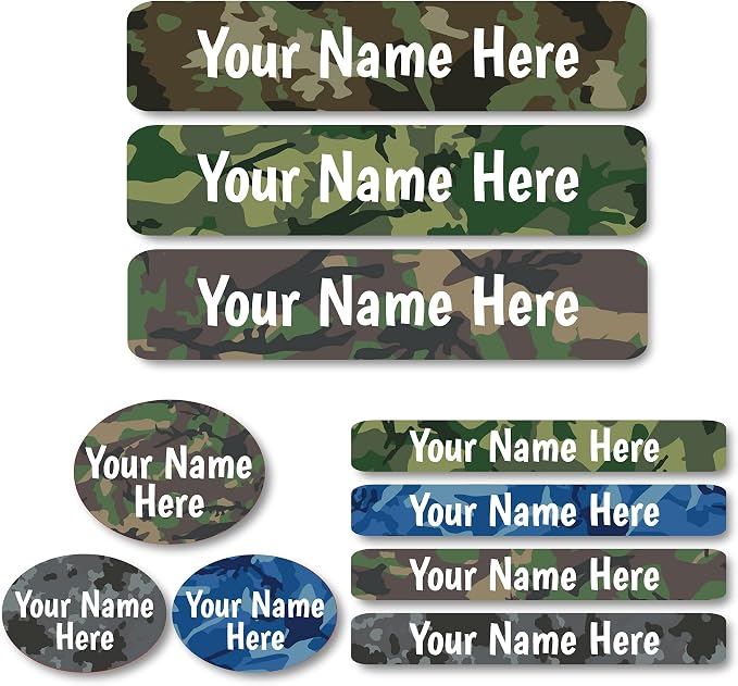 Lovable Labels Personalized Labels for Kids (85 Labels/Pack) - 3 Label Sizes Waterproof Dishwasher Safe Peel & Stick Labels for School Supplies Daycare Camp Clothing Bottles (Camo)