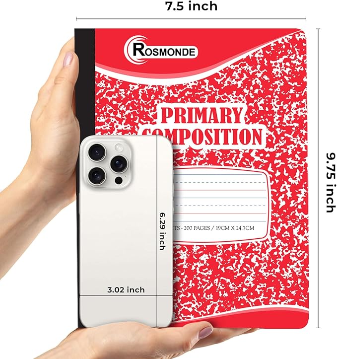 Rosmonde 5 Pack Primary Composition Notebook, 200 Pages (100 Sheets), Drawing Story Journal Writing Notebook, 9-3/4 x 7-1/2, Primary Composition Notebooks, Grades K-2, With Header For Drawing