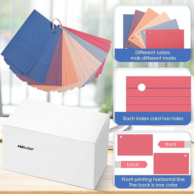 Epakh 300 Pieces Lined Index Cards 180 GSM Thick Flash Cards with Rings Notecards Punched Back to School for Studying Adults Home College Office(3 x 5 Inch,Novel Colors)