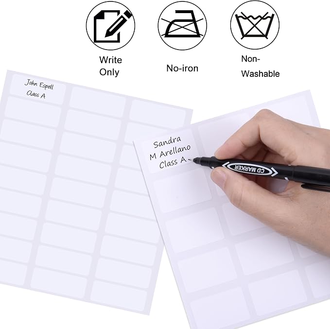 Wisdompro 111 Pcs No Iron Fabric Labels, Write-On Clothing Label Stickers | Self-Stick, White Clothes Name Tags, for Nursing Home, Daycare, Camp, School, No Sewing or Ironing Needed
