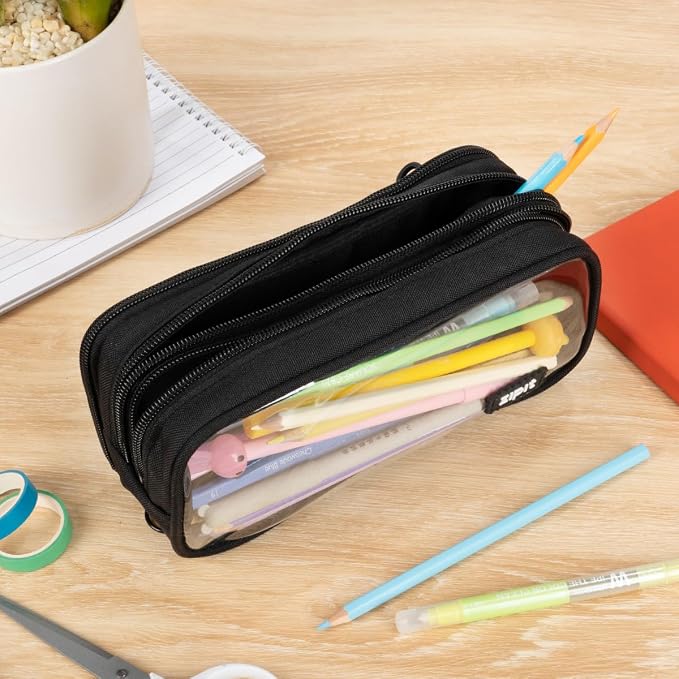 ZIPIT Half & Half Pencil Case, 3-Compartment Aesthetic Zipper Pouch, Black | Clear-front pencil case for school, dedicated organizer panels, holds up to 70 pens & pencils, durable easy-care polyester