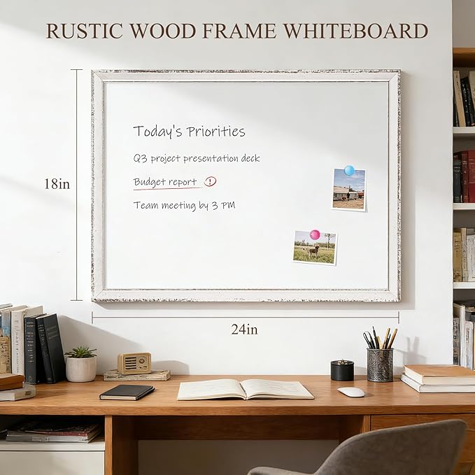 White Board for Wall, 24" x 18" Magnetic Dry Erase Board, Vintage Wooden Frame Decorative Whiteboard, Wall Mounted, White-Washed, Aesthetic Writing Board for Home, Office, School