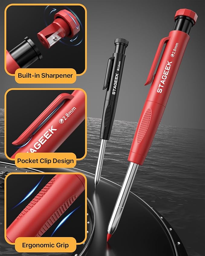 Carpenter Pencils with Sharpener, 2.8mm Mechanical Pencil Set with 26 Refills, Waterproof Deep Hole Long Nib Marker for Architect Marking, Heavy Duty Woodworking Tools for Construction Electricians