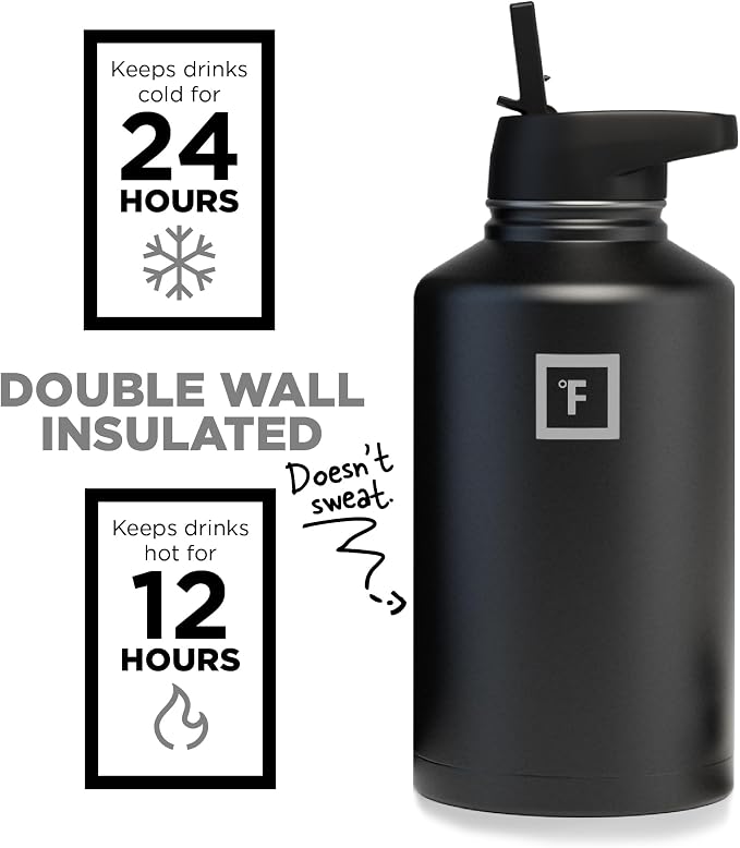 IRON °FLASK 64 oz Wide Mouth Water Bottle with Straw | Insulated Half Gallon Water Bottle with Leakproof Straw Lid - BPA Free, Cold 24 Hrs, Sweat Free (Midnight Black)