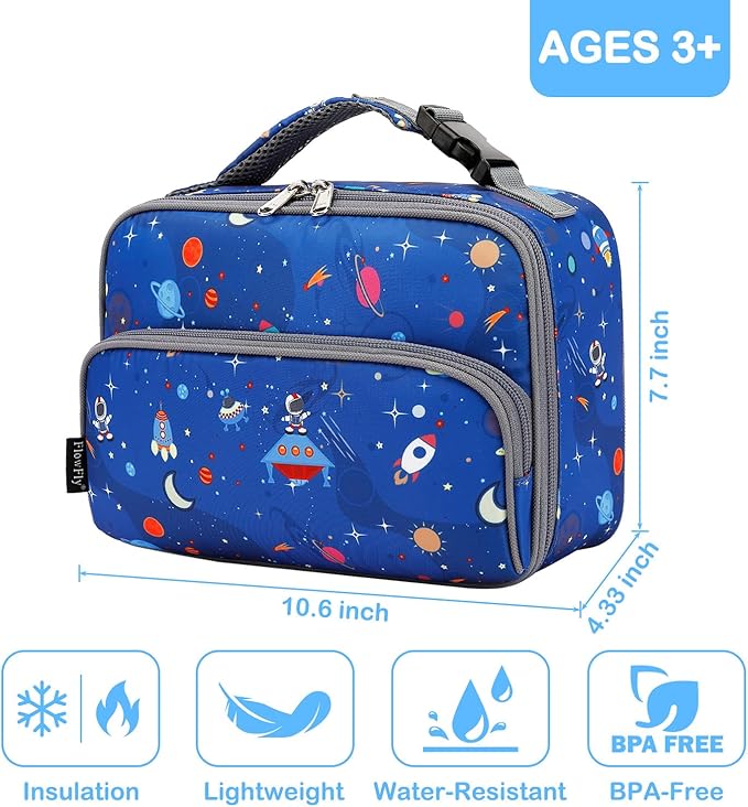 FlowFly Kids Lunch box Insulated Soft Bag Mini Cooler Back to School Thermal Meal Tote Kit for Girls, Boys, Astro&Rocket