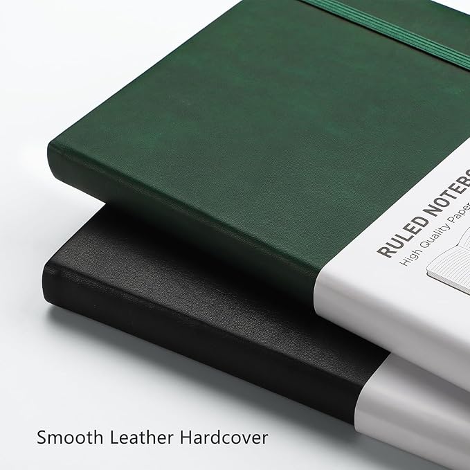 RETTACY Lined Journal Notebook, 2-Pack, 192 Numbered Pages per Pack, A5 Medium Size (5.7'' x 8.3''), for Men & Women, Writing, Work, Leather Hardcover, 100 GSM Thick Paper (Black & Dark Green)
